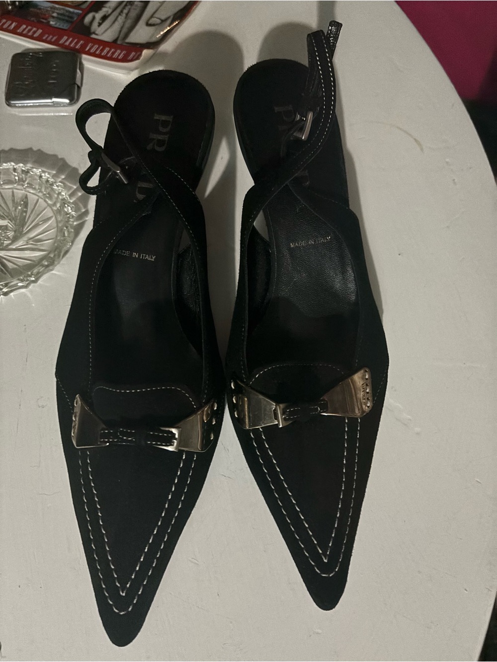 Vintage Prada Black Slingback Kitten Heels Contrast Stitch IT 38 - Picture 11 of 14